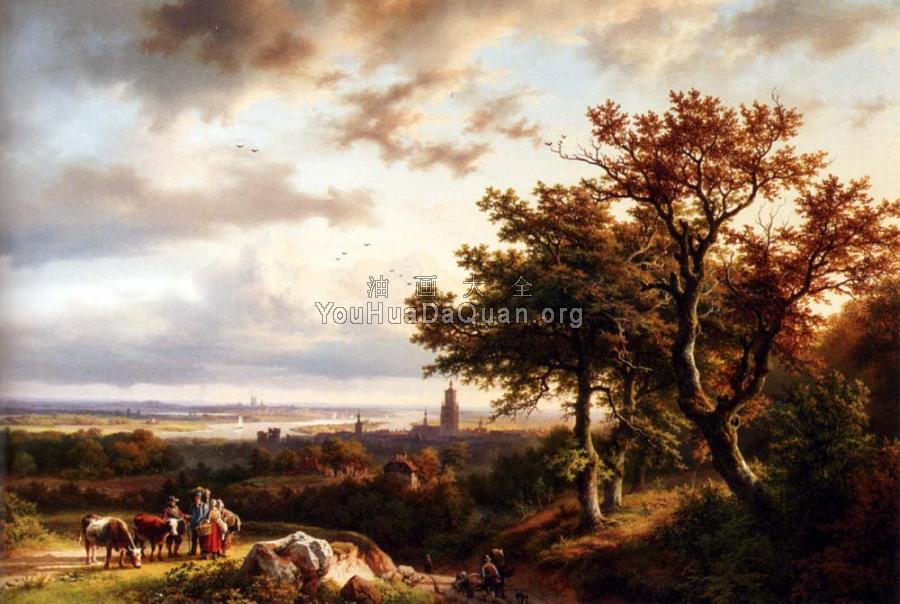 A Panoramic Rhenish Landscape With Peasants Conversing On A Track - 巴伦德·科内利斯·库库克